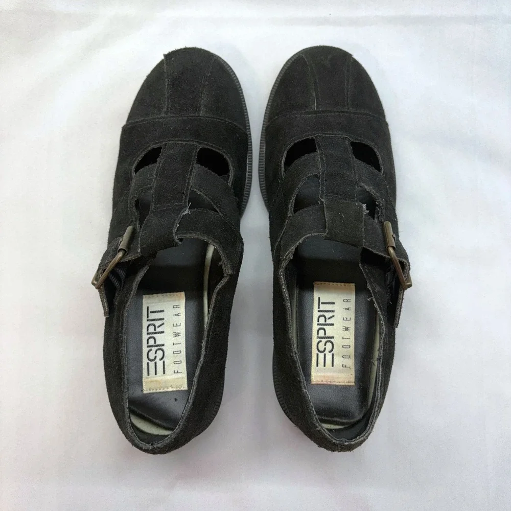 90s Esprit Reflector 74070 Shoes Womens 6 Black Good Vintage Suede Lug Mary Jane